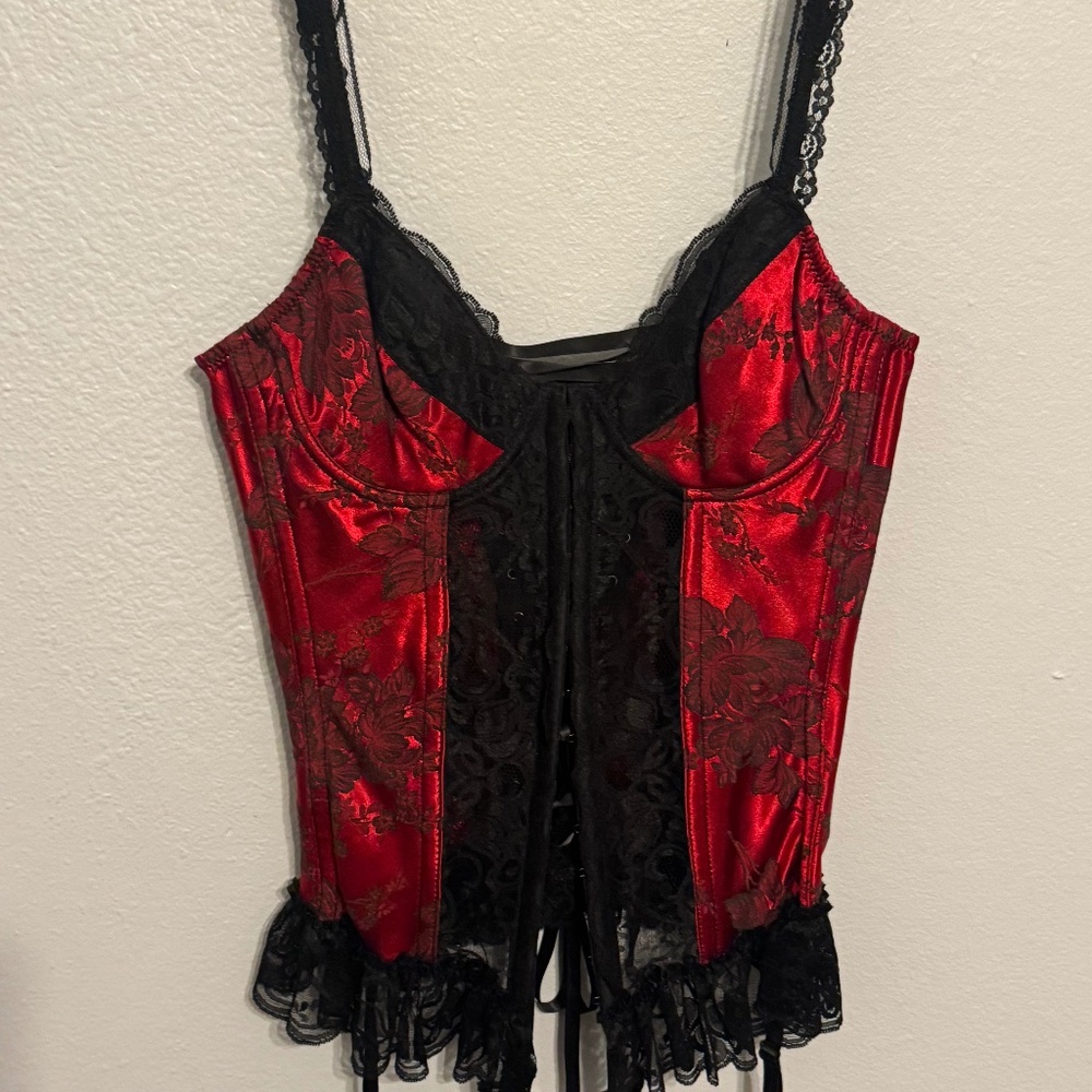 Vintage Y2K Red & Black Lace Detail Corset – Sz M – Whimsygoth / Gothic Romantic